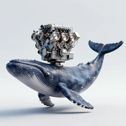 digital art of a small v 8 engine on the large rectangular head and narrow jaw of a massive cachalot whale, eight - cylinder piston diesel engine in the head, a smooth body and tail of a cachalot whale, very short fins, mix of engine and head, full - body in horizontal pose, side view, wide angle, longer shot, in the style of cyberpunk