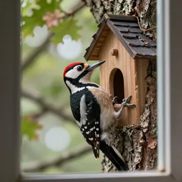 5 5 mm macro photo of a woodpecker inside a house in an oak tree, looking through the window. dof. bokeh. by bence mate, glenn bartley and jari peltomaki. highly detailed 8 k. intricate. lifelike. soft light. cinematic processing