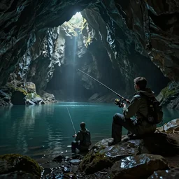 bb - 8 fishing in a mysterious lake in a cave, sci - fi, hyperdetailed, realistic, dark colors, low contrast, glossy, professional picture, 8 k