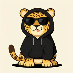 a cartoon network style drawing of a leopard wearing a black hoody and sunglasses with tongue sticking out looking at the ground