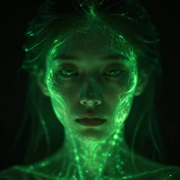 closeup portrait of an ethereal person made of green light, divine, cyberspace, mysterious, dark high-contrast concept art