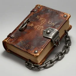 epic professional digital art of an ancient leather-bound spellbook with heavy metal chains and thick metal clasps inscribed with runes; best on artstation