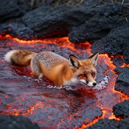 a fox swimming inside of hot lava