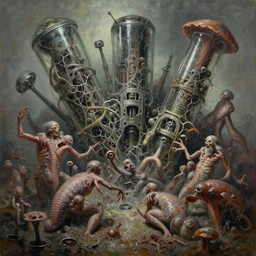 oil paint of flayed cambrian animalcules as god machines, cluster battling chaos, glass sentient geocracking weaponry, fungal pit, trash patina sheen rotting, by alberto bontempi, alex ross, shigeru komatsuzaki, wayne d barlowe, stefano tamburini, narrative light, muted colors, epic, hyper detailed, awe inspiring, award winning horror