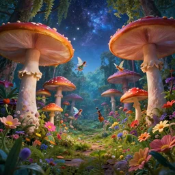 a photorealistic portrait, psychedelic fantasy wonderland, big mushrooms, flowers, professionally retouched, soft lighting, hyper realistic, fairies dancing, forest, colorful detailed starry sky, wide angle, sharp focus, 8 k high definition, 6 4 megapixels, insanely detailed, breathtakingly beautiful