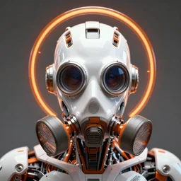 symmetrical portrait of a biomechanical futuristic creepy cyborg creature with gas mask and eyes made of camera lenses. with intricate orange halo made of glass. white and orange plastic. concept art by jarold Sng | octane render
