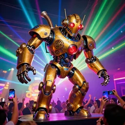 scene is elrow party in amnesia in ibiza, portrait photo of a stagediving giant huge golden and blue metal steampunk robot, with gears and tubes, eyes are glowing red lightbulbs, audience selfie, shiny crisp finish, 3 d render, 8 k, insaneley detailed, fluorescent colors, haluzinogetic, background is multicolored lasershow