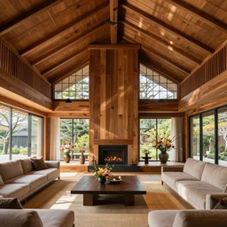 modern Japanese living room, high arched ceiling, luxurious wooden cottage, traditional, Japanese flower arrangements, traditional fireplace, coherent composition, real estate photography