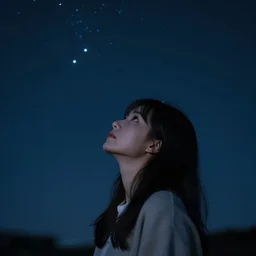 a photo of a young woman looking up at the night sky with stars, trending on artstation