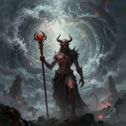 beautiful digital fantasy illustration of a demon holding a staff!, a giant wave in the sky, apocalypse art!!!!, apocalypse landscape!!!!!, cosmic horror!!!, a detailed matte painting by Dan Luvisi, cgsociety, fantasy art, highly detailed, soft lighting, rendered in octane, masterpiece, very very very aesthetic