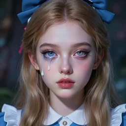 lazy eye melting hyper realistic photograph of pretty girl, lighting alice wonderland, dj sura face, artgerm, ilya kuvshinov