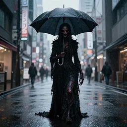 eldritch horror creature with an umbrella standing in a tokyo street, heavy rain, hyper real, digital art, very detailed, 4 k