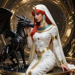 red - haired final fantasy white marble egyptian nun caressing her slimy black dragon, warframe armor, regal, attractive, ornate, sultry, sexy, beautiful, elize theron, pretty face, green eyes, scifi platform, 4 k, ultra realistic, epic lighting, illuminated, cinematic, black gold, art by alexandra petruk, voidstar