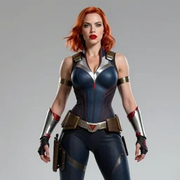 natasha romanoff as thanos, feminine beautiful muscular fitness model wearing armor, red lips, attractive, highly detailed full body portrait, pretty face, elegant, breathtaking art, concept art, by artgerm and ilya kuvshinov
