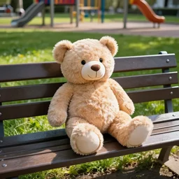 a photo of a teddy bear sitting on a park bench, playground in the background, realistic grass, realistic shadows, illuminated by godrays, reflections, 8 k