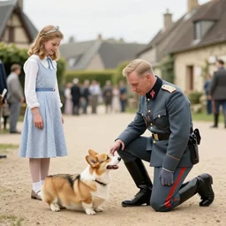 ultra wide 1 9 4 6 blurry historical photo of a single german general kneeling to pet a corgi, a young queen elizabeth watches him, french village exterior, highly detailed, sharp focus