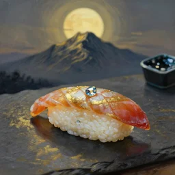 🍣⛰🌙💎. gouache and gold paint, russian romanticism, muted palette, backlighting, depth of field.