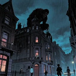 monster hiding on top of a building in a dark victorian street london, raining, night, surreal, comic book, low angle, concept art by stuart immonen, warren ellis, rafael albuquerque, shinji aramaki, greg rutkowksi, andrew ferez