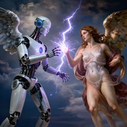a godly robot and a human woman touch, exchanging lightning of beautiful energy, inspiring life into each toher, purple nails concept art, angelic clouds in the background, cinematic, inspired by the creation of adam by michelangelo, studio photo