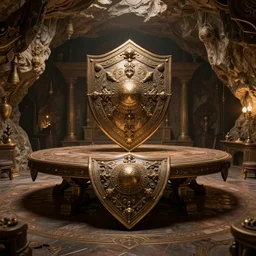 furnished cave room, ornate shield repurposed as giant table, exquisite, volumetric lighting, 8 k octane beautifully detailed render, post - processing, extremely hyper - detailed, intricate, epic composition, cinematic lighting, masterpiece, trending on artstation, stunning art by anders zorn, by frazetta, beautiful cinematic light