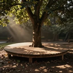 wooden platform around a tree, realistic, photo,