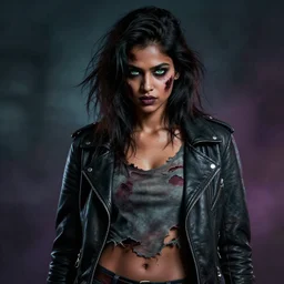 epic professional digital airbrushed portrait art of an extremely attractive and fit mid-20s East Indian supermodel emo female zombie wearing a torn, slightly low cut tee shirt under a leather jacket, with deep green eyes, scary portrait, walking dead, best on artstation, cgsociety, wlop, Behance, pixiv, cosmic, epic, stunning, gorgeous,, masterpiece by Dorian Cleavanger and Stanley Lau