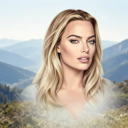 tattoo design sketch double exposure of margot robbie faded in beautiful mountain scenery, creative mash up, in the style of arlo dicristina, surrealist, amazing detail, sharp