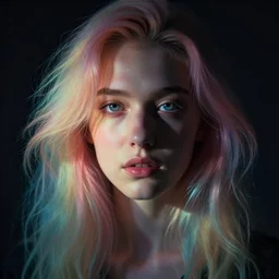 dramatic lighting portrait of a beautiful! young woman with very light skin and rainbow colored cotton candy hair. moody and melancholy. dark background with powerful rim light. enhanced eye details with reflection. digital art by beeple