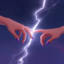 beautiful female hand, purple nails, two hands reach to each other, touching by the tips of the fingers, lightning energy coming between the hands, michelangelo, concept art, disney, stanley kubrick