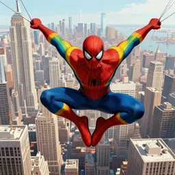 spider - man in rainbow suit swinging in new york city, detailed intricate illustration, detailed illustration, hd, 4 k, digital art, overdetailed art, by greg rutkowski, by loish, complementing colors, trending on artstation, deviantart