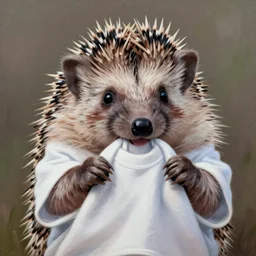 hedgehog wearing a t - shirt, biting on t - shirt, mouth on shirt, shirt in mouth, cute, adorable, hedgehog, painted by tara mcpherson, art