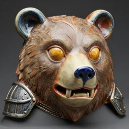 fantasy art ultra 4 k colorful photo of a bizarre alaskan totem warrior knight bear mask made of ceramic carved by h. r. giger