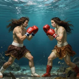 epic beautifull renaissance portrait of a 2 boxers fighting underwater, art by * christy lee rogers and gessica marmotta and zena holloway * ( with help of mario testino and peter lindbergh, marta syrko, julia hetta, and neil leifer ), 8 k