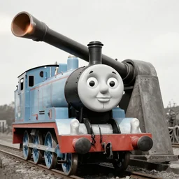 WW2 era photograph, the face of Thomas the tank engine on a 800mm German super-heavy-mortar with a huge gun barrel shooting
