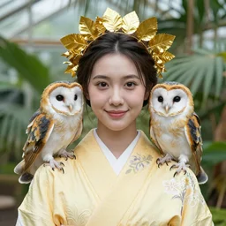 portrait photograph of an extremely beautiful!!!! young female , symmetric face!, symmetric round detailed eyes!!, slight smile, natural light, wearing a yellow kimono!! with a very detailed barn owl! on her shoulder in a tropical greenhouse. looking at the camera!!. golden crown made of golden leaves. super resolution. Extremely detailed. Graflex camera!, bokeh!!!!!.