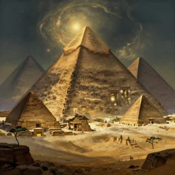 cinematic lighting, art by greg rutkowski, highly detailed, digital painting, alphonse mucha, mystical landscape, illustration, concept art, mysterious pyramids, sharp focus, artstation, ancient civilization, cgsociety