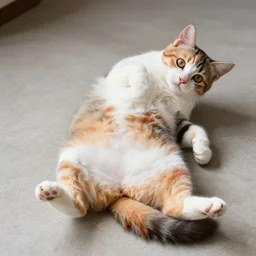 retarded rainbow kitten! laying on it ‘ s back showing it ‘ s fluffy belly while looking at the camera!, photorealistic, anatomically correct, sharp focus, 4 k, beautiful,