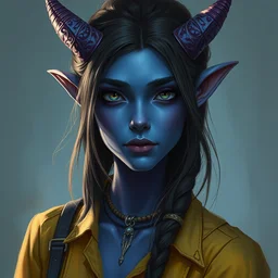 a shy purple skin cute tiefling woman, blue skin, yellow blouse, beautiful portrait by bastien lecouffe deharme and dave dorman and n c wyeth