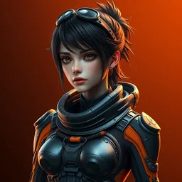 female character, space traveller, proportional figure, character concept, delicate features, alluring, cyberpunk armor, navigator gear, dark gray and orange, plated, dark orange background, poster style, ultra realistic, ultra detailed, volumetric light, unreal engine, 8 k.