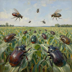 strange giant insects, beetles and flies, swarming in a cornfield, oil painting by max ernst and anselm kiefer, decay, mixed media, textured, sharp focus, highly detailed, photographic emulsion cracked and peeling, rust, cinematic lighting, 8 k, hd