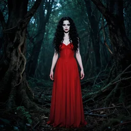 in the style of joshua middleton, artgerm, full body, pretty alyson hannigan full body, evil dead demon, evil dead movie, red dress, full body, symmetrical eyes, symmetrical face, long curly black hair, trees, forest, full body, branches, full body, cinematic lighting, evil dead creature, scary