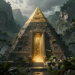 an intricate concept art of a hidden pyramid with golden door in the middle of mountains undergrowth, photorealistic movie still, sci - fi, hyper realistic, concept art, art by dylan cole, feng zhu, artgerm, greg rutkowski, cinematic lighting, octane render