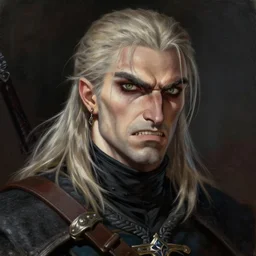 an enraged geralt of rivia, close up, portrait, sinister atmospheric lighting. highly detailed painting by greg rutkowski, anime style