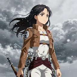 girl with steampunk vector art, intense, finely detailed, made by artgerm, full body portrait, illustration, snow, snowing, cloudy, anime, side view, perfect anime face, realistic face, zoomed out, smooth, brown eyes, high waisted shorts, sharp focus, key visual of attack on titan