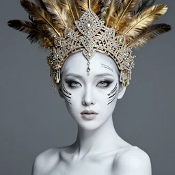 absurdly beautiful, fashionable young woman with clear white skin and tribal makeup, wearing an intricate headdress made from fractals of diamonds gold and feathers, wearing large earrings made from feathers, background in the fourth dimension, psychedellic fractals, ayahausca, tryptamine, hyperdetailed illustration by irakli nadar and alexandre ferra, intricate linework, unreal engine 5 highly rendered, global illumination, radiant light, detailed and intricate environment