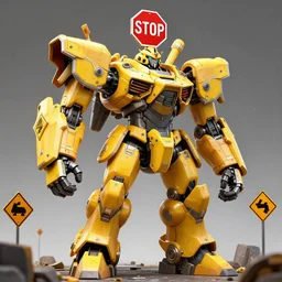giant mecha gladiator made of yellow road signs and a red stop sign on its head, character design trending on artstation, mecha, unreal engine, octane render, detailed model, hardsurface modelling, epic battle, heavily stylized