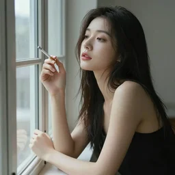 girl holding a cigarette next to the window, high modeling, high detail, very detailed face, ultra mega super hyper realistic, ultra mega super hyper beautiful, full body, the right hands, please, please, please, please, please