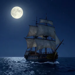 moonlit ocean, stars in sky, pirate ship flying in the sky by peter balke