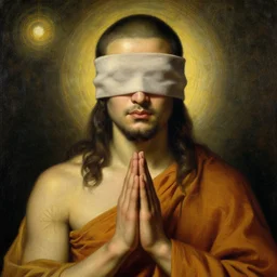 highly detailed potrait of blind folded buddhist monk praying like jesus, painting by gaston bussiere, craig mullins, j. c. leyendecker, lights, art by ernst haeckel, john william godward, hammershøi,