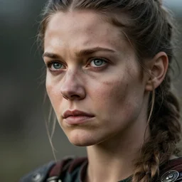 photorealistic 3/4 portrait of beautiful female viking warrior with large sad gray eyes, dirty skin